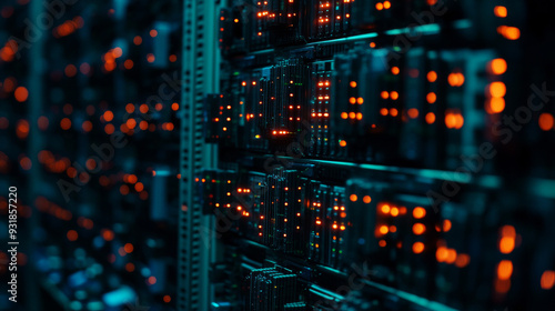 Data centers lined with rows and rows of servers, with blinking lights indicating constant processing. High detail and cinematic angle composition.