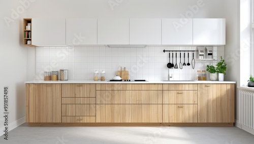 White and light wood kitchen cabinets with a white wall behind them, white tile backsplash