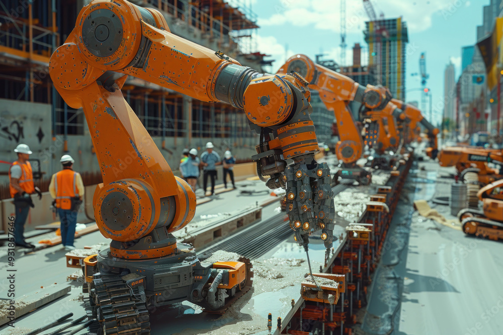 AI robots at work constructing a modern building AI robots at work constructing a modern building