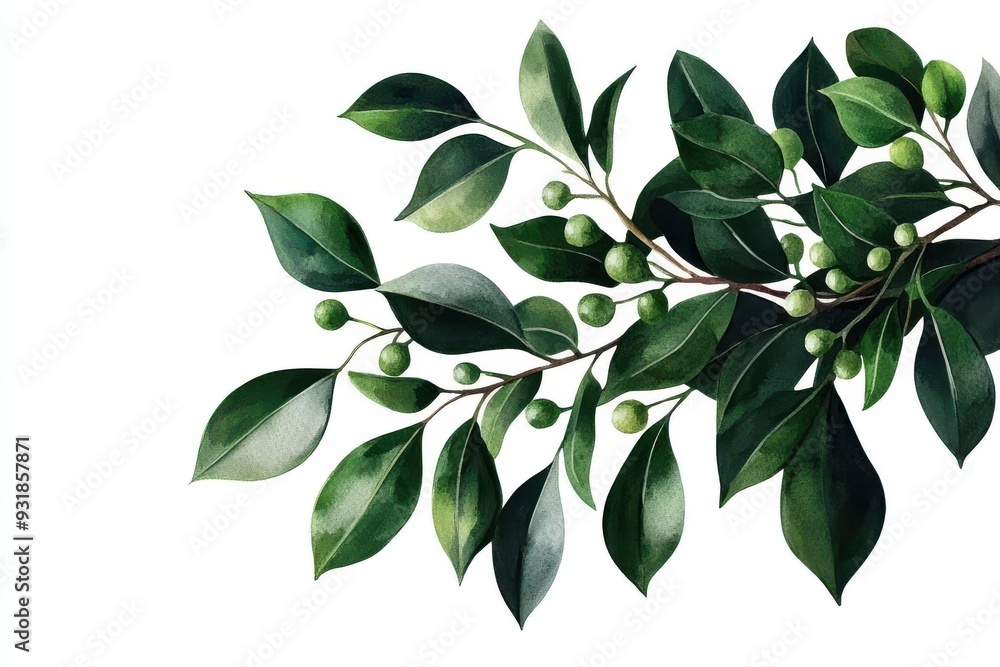 A vibrant green branch with fresh leaves and unripe berries, perfect for nature-themed designs and organic backgrounds. A vibrant green branch with fresh leaves and unripe berries, perfect for nature-themed designs and organic backgrounds.