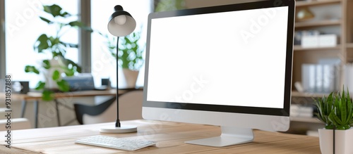 Wallpaper Mural White blank screen computer monitor on a wooden desk in a modern home office interior Torontodigital.ca