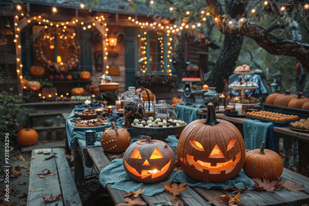 Fototapeta premium Vibrant Halloween party in a festive backyard