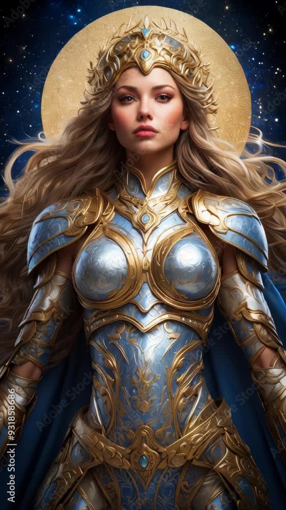 A valkyrie with metallic armor under a celestial sky A valkyrie with metallic armor under a celestial sky