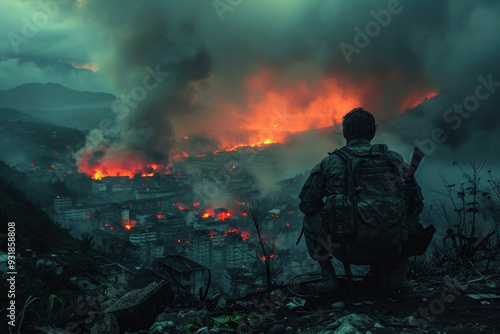 Soldier surveying a war-torn landscape at dusk photo