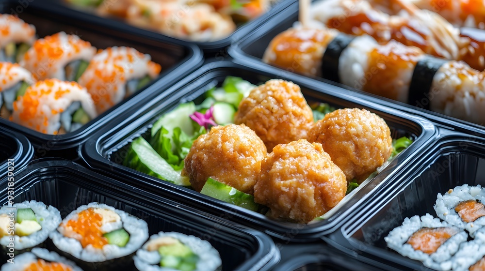 A black plastic food container filled with chicken balls, rice, and vegetables is seen in the middle of an array of other healthy meal boxes A black plastic food container filled with chicken balls, rice, and vegetables is seen in the middle of an array of other healthy meal boxes