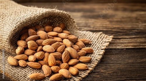 Wallpaper Mural Almonds scattered on a burlap cloth, with a rustic wooden background Torontodigital.ca