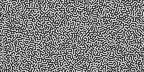Turing reaction diffusion monochrome seamless pattern with chaotic motion. Linear design with biological shapes. Organic lines in Memphis. abstract truing organic wallpaper background.	
