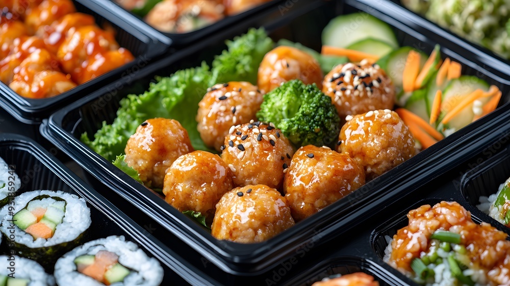 A black plastic food container filled with chicken balls, rice, and vegetables is seen in the middle of an array of other healthy meal boxes A black plastic food container filled with chicken balls, rice, and vegetables is seen in the middle of an array of other healthy meal boxes
