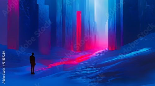 A lone figure stands amidst towering, colorful structures in a surreal, otherworldly landscape.