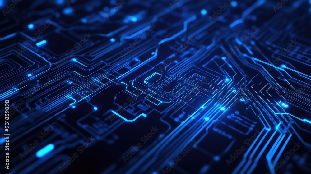 Blue background with digital circuits and lines, ideal for tech themes Blue background with digital circuits and lines, ideal for tech themes