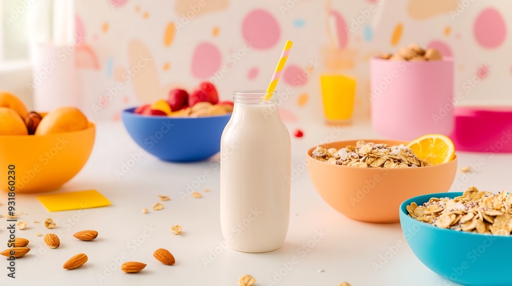 Almond Milk with Colorful Cereal and Fruit in Bright Breakfast Setting Almond Milk with Colorful Cereal and Fruit in Bright Breakfast Setting