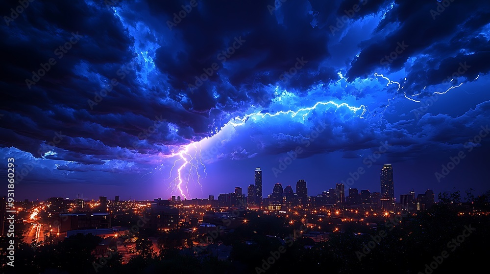 Dramatic lightning storm over city skyline Dramatic lightning storm over city skyline