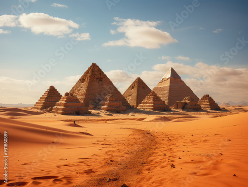 Amazing Background of egypt pyramids landscape with caravan of camels photo