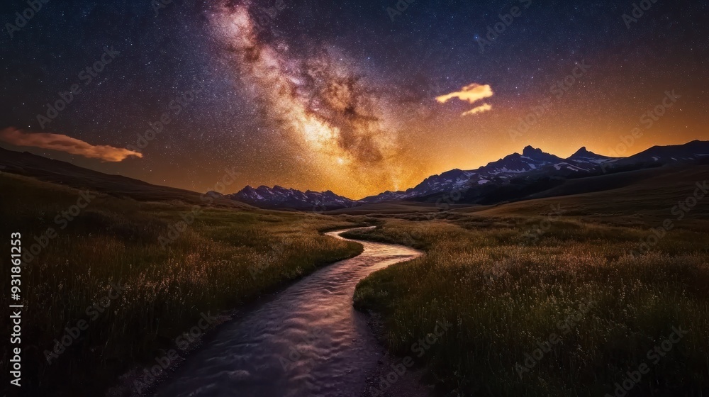 Milky Way Over a Winding River in a Mountain Valley at Night Milky Way Over a Winding River in a Mountain Valley at Night