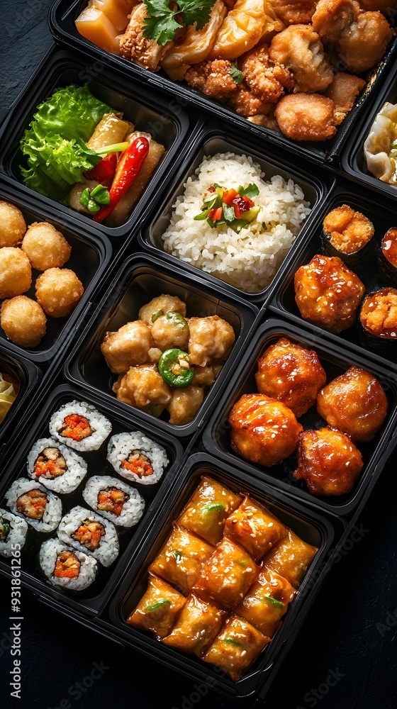 A black plastic food container filled with chicken balls, rice, and vegetables is seen in the middle of an array of other healthy meal boxes A black plastic food container filled with chicken balls, rice, and vegetables is seen in the middle of an array of other healthy meal boxes