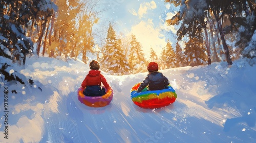 In a snowy forest two siblings gleefully slide down a hill on colorful plastic sleds under a sunny sky photo