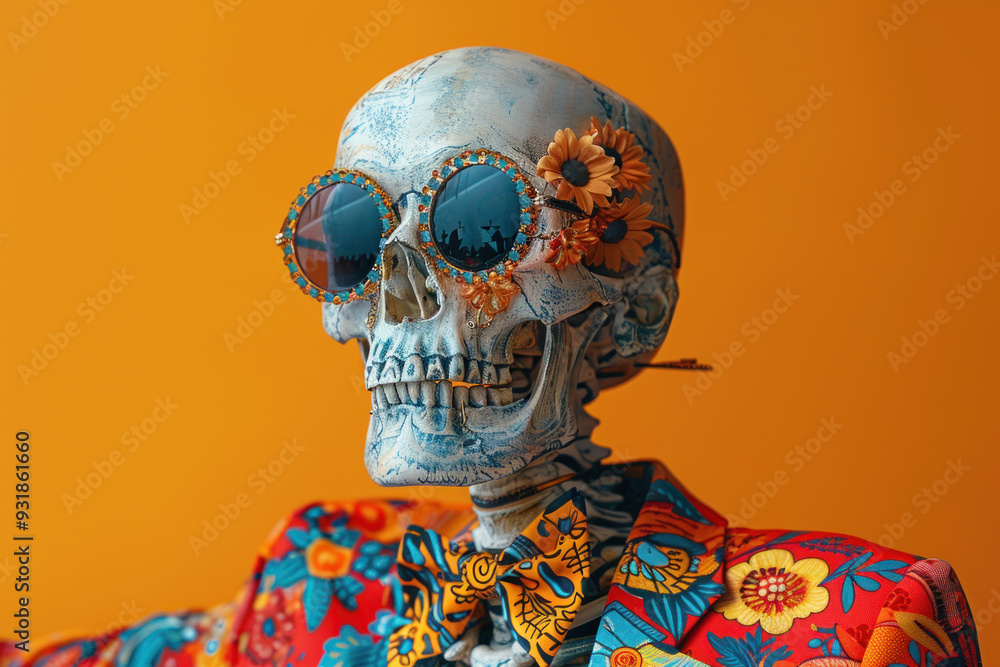 Funky skeleton dancing against a bright backdrop Funky skeleton dancing against a bright backdrop