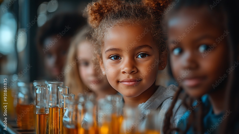 Diverse group of children in science lab Diverse group of children in science lab