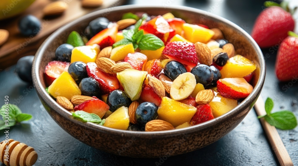 Fresh almond and fruit salad in a bowl, with a drizzle of honey Fresh almond and fruit salad in a bowl, with a drizzle of honey