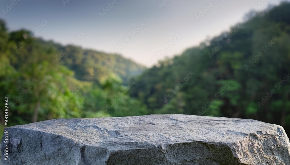 Stone podium on rock platform 3d illustration, grey rock pedestal for a product display stand, green forest and blurred on the background, natural scenery landscape. Stone podium on rock platform 3d illustration, grey rock pedestal for a product display stand, green forest and blurred on the background, natural scenery landscape.