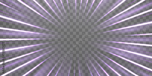 Radial speed rays, light neon flow, zoom in motion effect, purple glow speed lines, colorful light trails, perspective stripes. Abstract background, vector illustration.