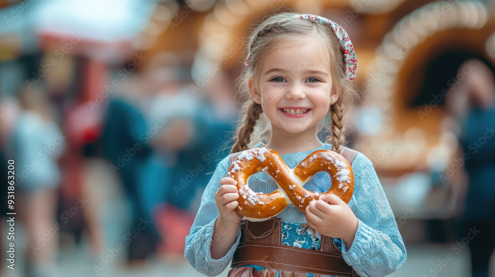 smiling little child holding a German pretzel in his hands on the background of a street festival in Munich, traditional pastries, national food, Oktoberfest, autumn, kid, children, portrait, girl smiling little child holding a German pretzel in his hands on the background of a street festival in Munich, traditional pastries, national food, Oktoberfest, autumn, kid, children, portrait, girl