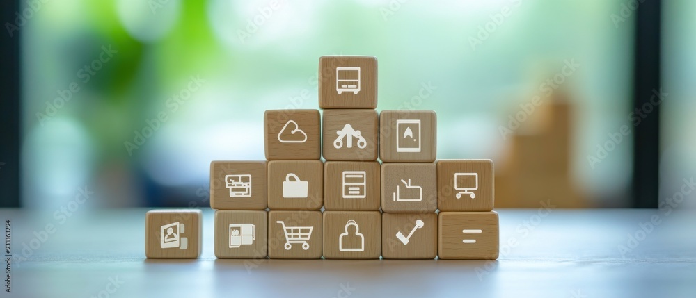 Wooden Blocks with White Icons Depicting Business and Technology ...