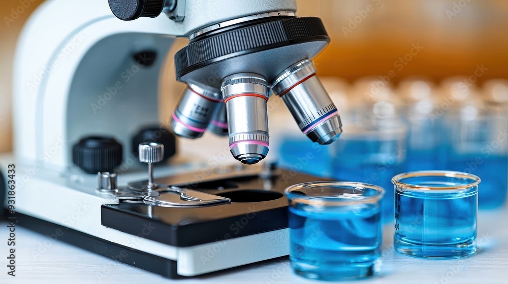 Close-up view of a microscope focusing on blue liquids in glass containers, representing scientific research and analysis. Close-up view of a microscope focusing on blue liquids in glass containers, representing scientific research and analysis.
