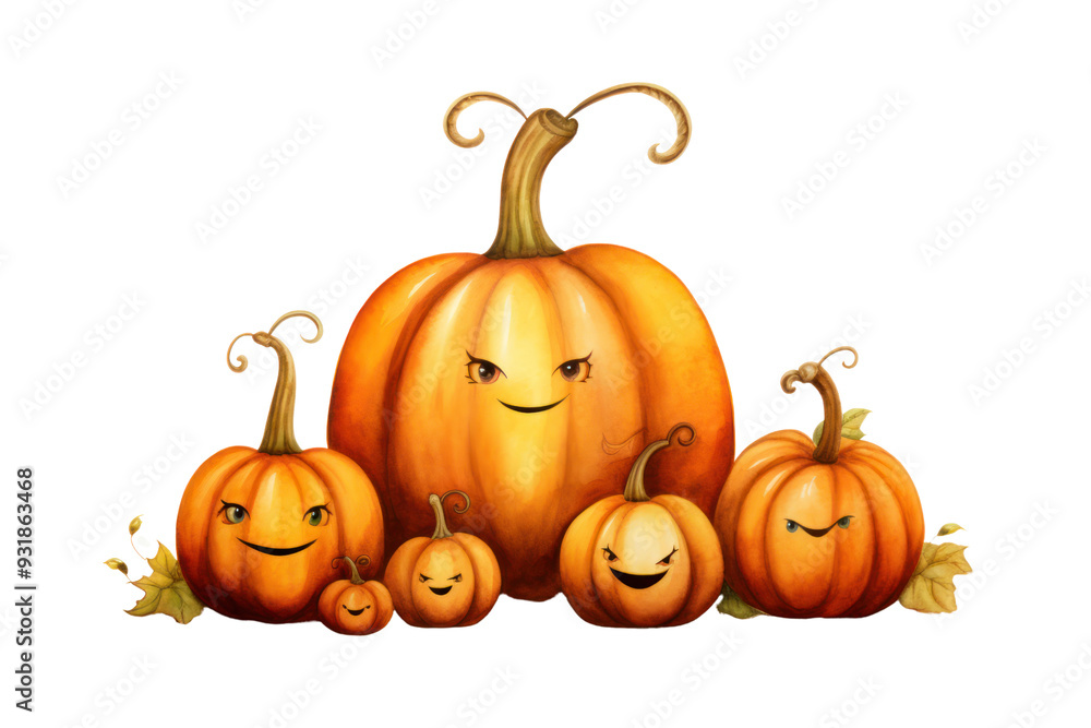 Obraz premium A whimsical watercolor painting of a family of pumpkins, isolated on a white background.