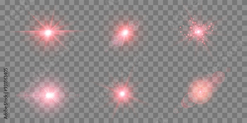 Red lens flares set. Sun flash with rays spotlight and bokeh. Red glow flare light effect. Isolated on transparent background. Vector illustration.