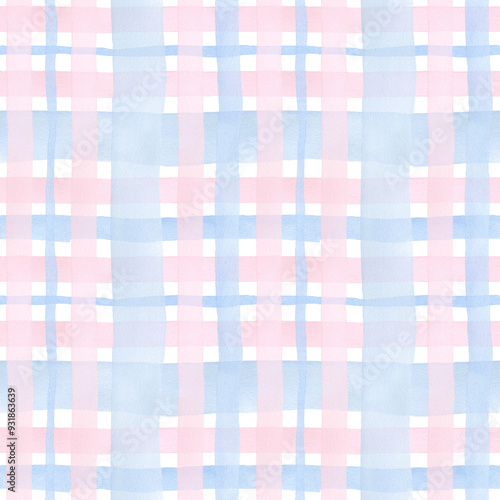 Watercolor checkered background. Seamless hand drawn pattern pink and blue pastel colors for fabric texture, wallpaper, home decor prints