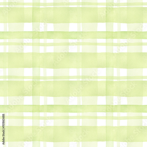 Watercolor checkered background. Seamless hand drawn striped green pattern for fabric texture, wallpaper, home decor prints