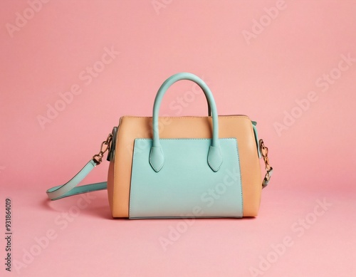 Pastel colored women hand bag on pink background. Summer fashion concept. Ai generated image.