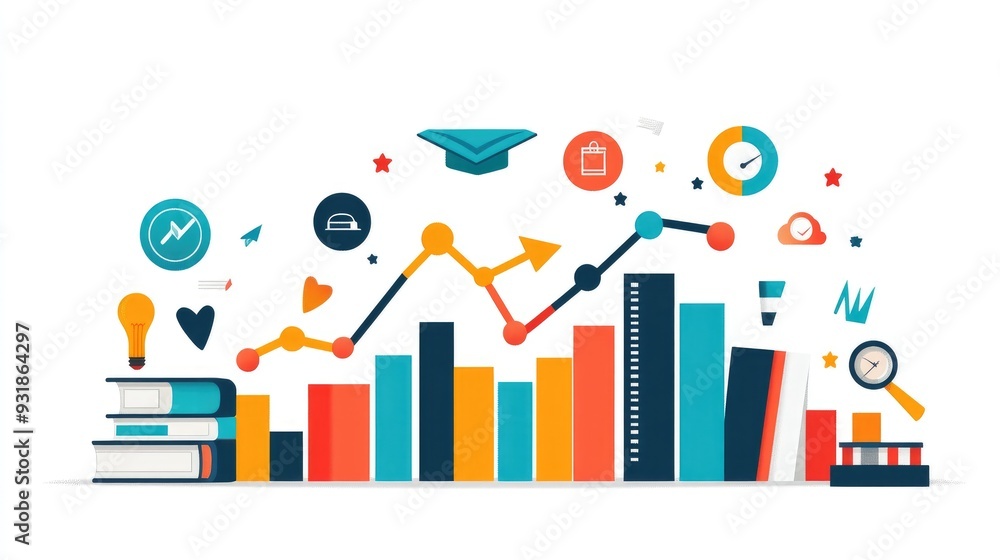 Education growth chart infographic showing rising student achievements, surrounded by academic icons, on a white backdrop Education growth chart infographic showing rising student achievements, surrounded by academic icons, on a white backdrop