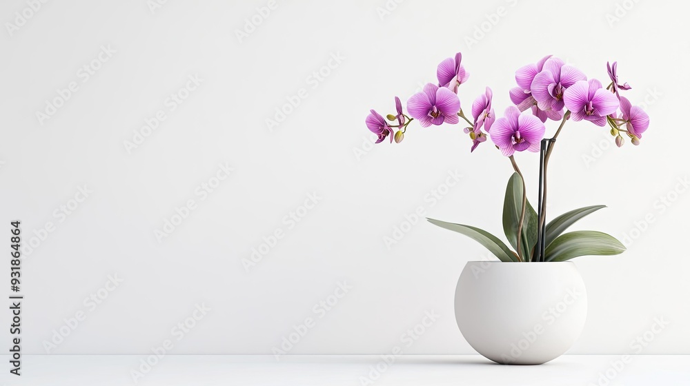 Purple orchids arranged in a minimalist vase, set against a white background for a striking contrast Purple orchids arranged in a minimalist vase, set against a white background for a striking contrast