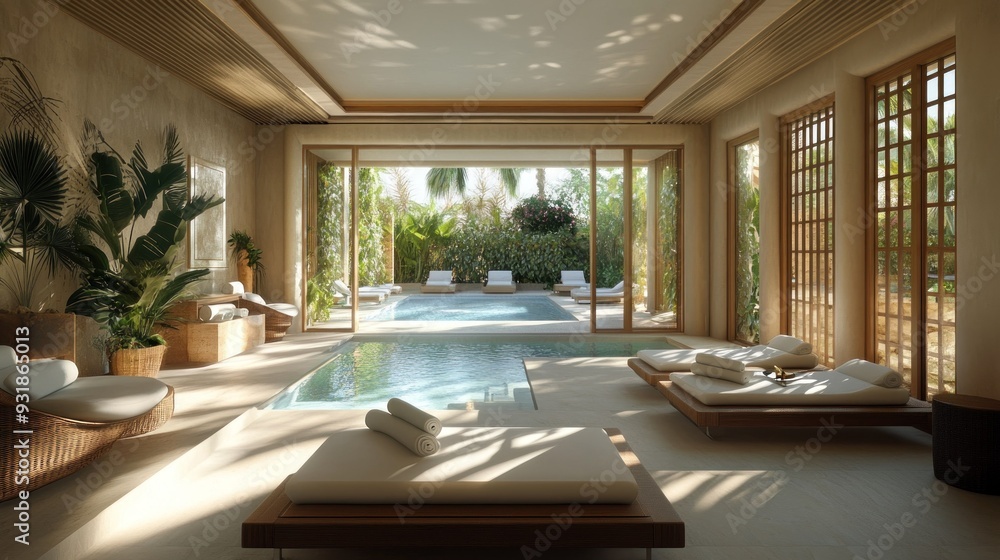 Fototapeta premium Modern Spa Interior with Pool and Lounging Chairs