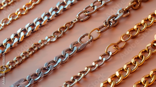 Metal chains and other different accessories on light brown background above view Luxury jewelry : Generative AI