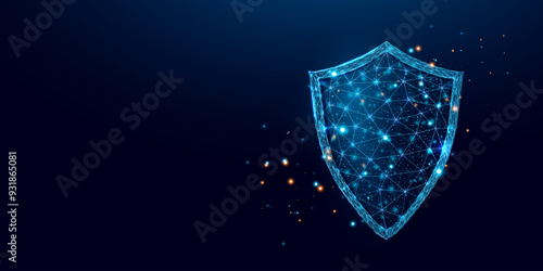 Guard shield. Cyber security concept with glowing low poly shield on dark blue background. Wireframe low poly design. Abstract futuristic vector illustration.  