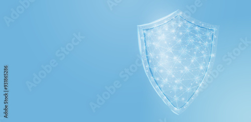 Guard shield. Cyber security concept with glowing low poly shield on blue background. Wireframe low poly design. Abstract futuristic vector illustration.