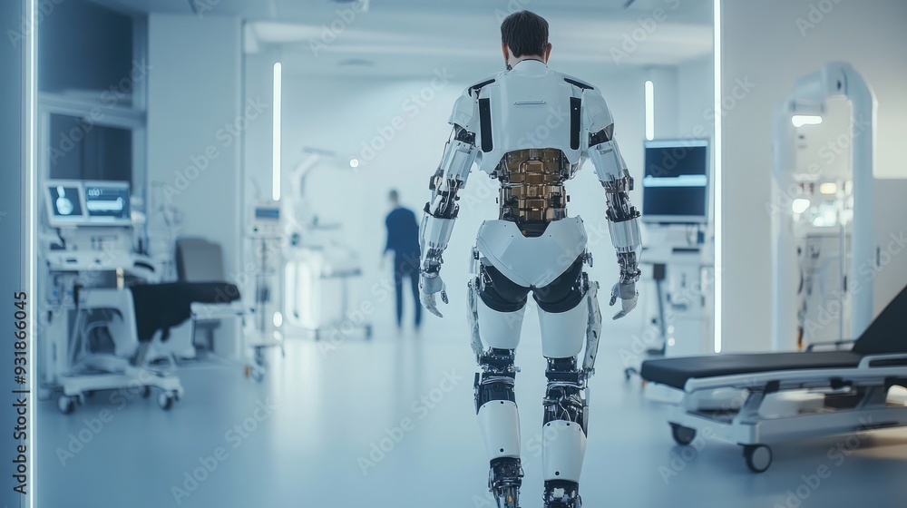 Fototapeta premium Robotic exoskeletons assisting human rehabilitation in a futuristic healthcare setting, focusing on advanced recovery techniques