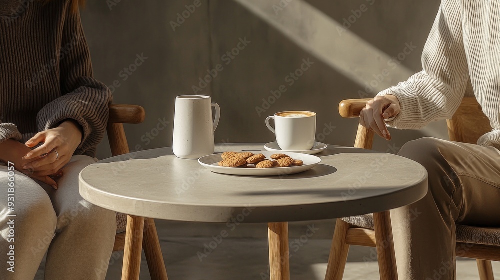 Cozy scene of two individuals enjoying a relaxed coffee break. Minimalist, round coffee table, which has a light concrete surface supported by wooden legs. Cozy scene of two individuals enjoying a relaxed coffee break. Minimalist, round coffee table, which has a light concrete surface supported by wooden legs.