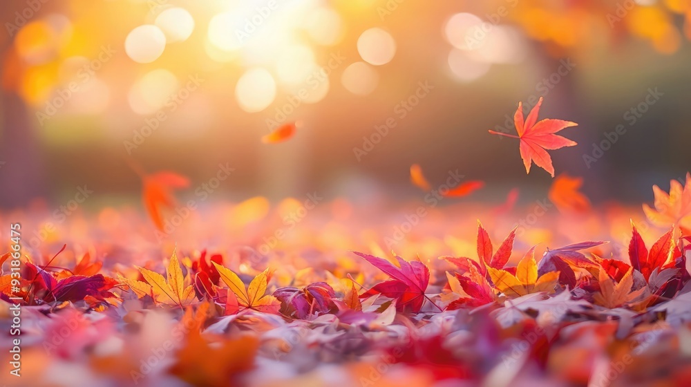 Colorful autumn leaves scattered on the ground under warm sunlight in a serene park during fall Colorful autumn leaves scattered on the ground under warm sunlight in a serene park during fall