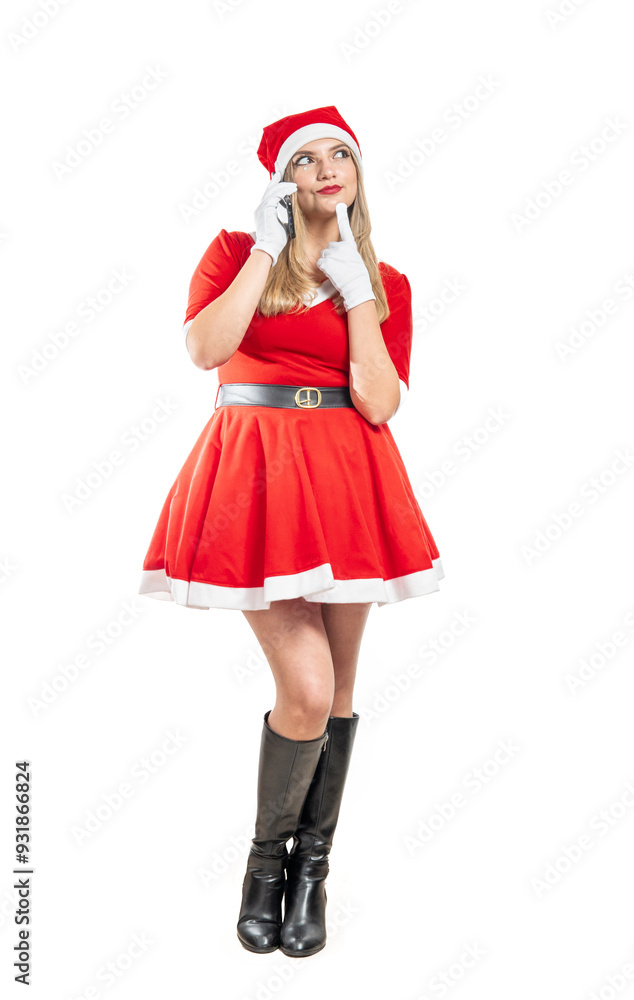 Young pensive Santa Claus woman talking on cell phone Young pensive Santa Claus woman talking on cell phone