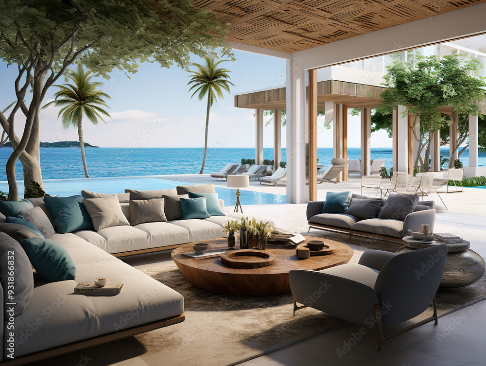 Fototapeta premium Beautiful View of beach house with sand indoors