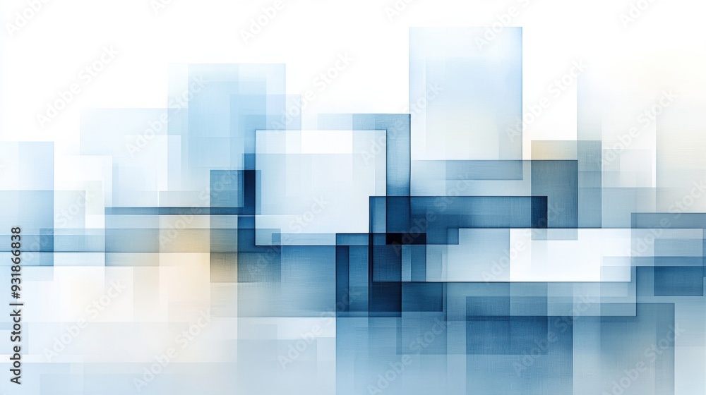 A blue and white abstract painting of squares with a blurred background, AI A blue and white abstract painting of squares with a blurred background, AI