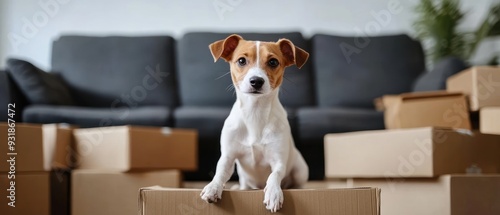 Dog Sitting on Cardboard Boxes in a New Home photo