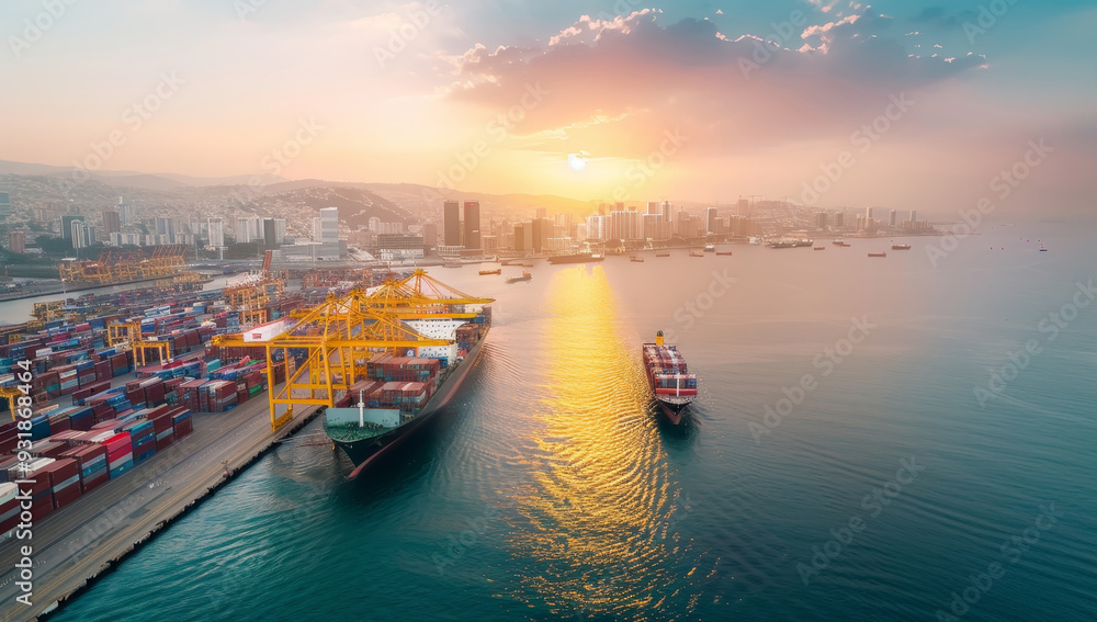Fototapeta premium A large ship is docked at a port with a beautiful sunset in the background by AI generated image