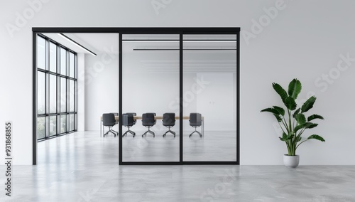 White wall with black framed glass door leading to the meeting room