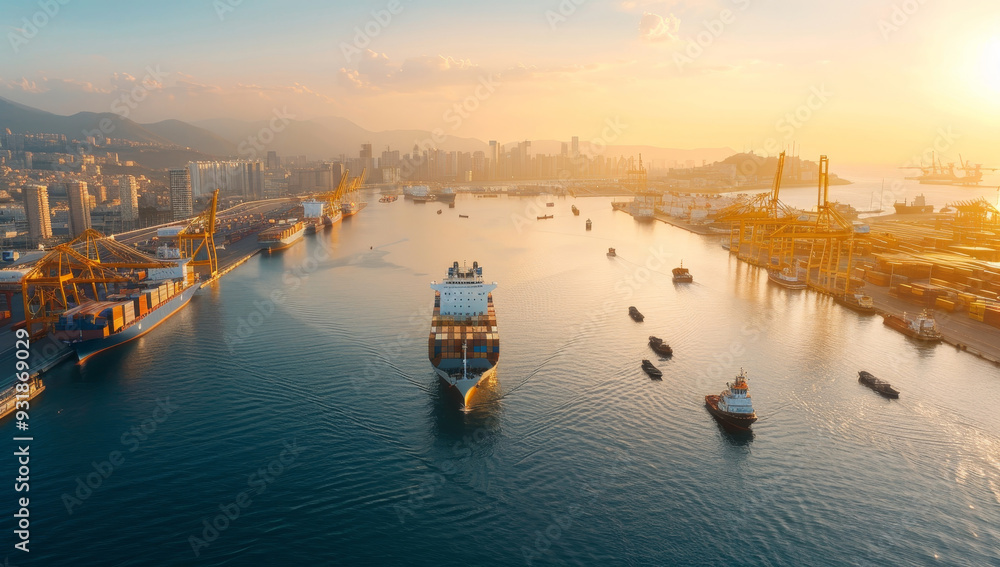 A large ship is sailing through a harbor with many other ships in the water by AI generated image A large ship is sailing through a harbor with many other ships in the water by AI generated image