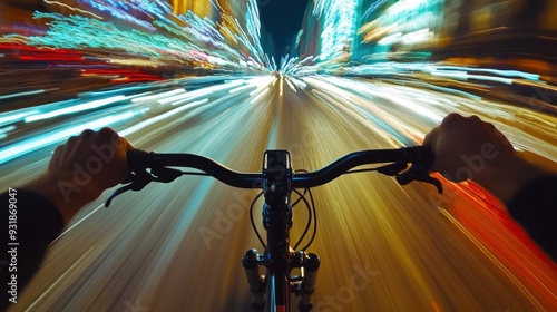 First-person Perspective of a Nighttime Bike Ride Through a City photo